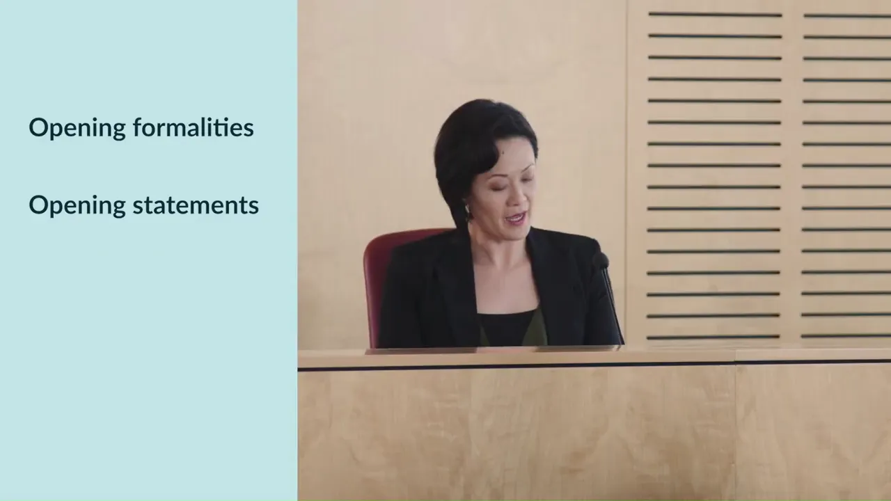 Fair Work Commission member at the bench with a slide reading 'Opening statements'.