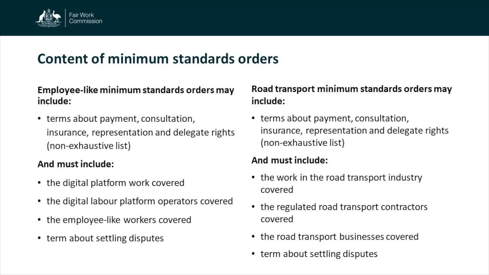 Summary of permissible content in minimum standards orders