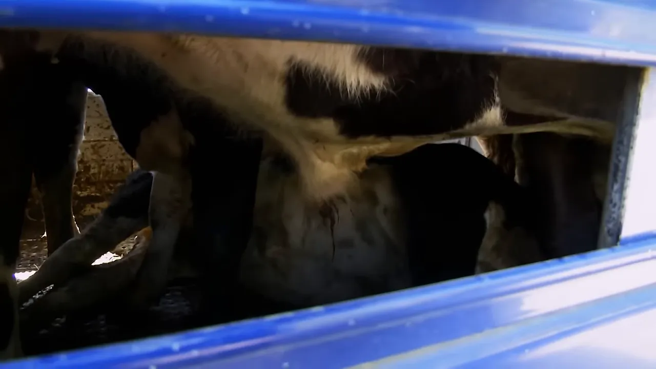 A fallen steer lying in the cattle pen blocks the load