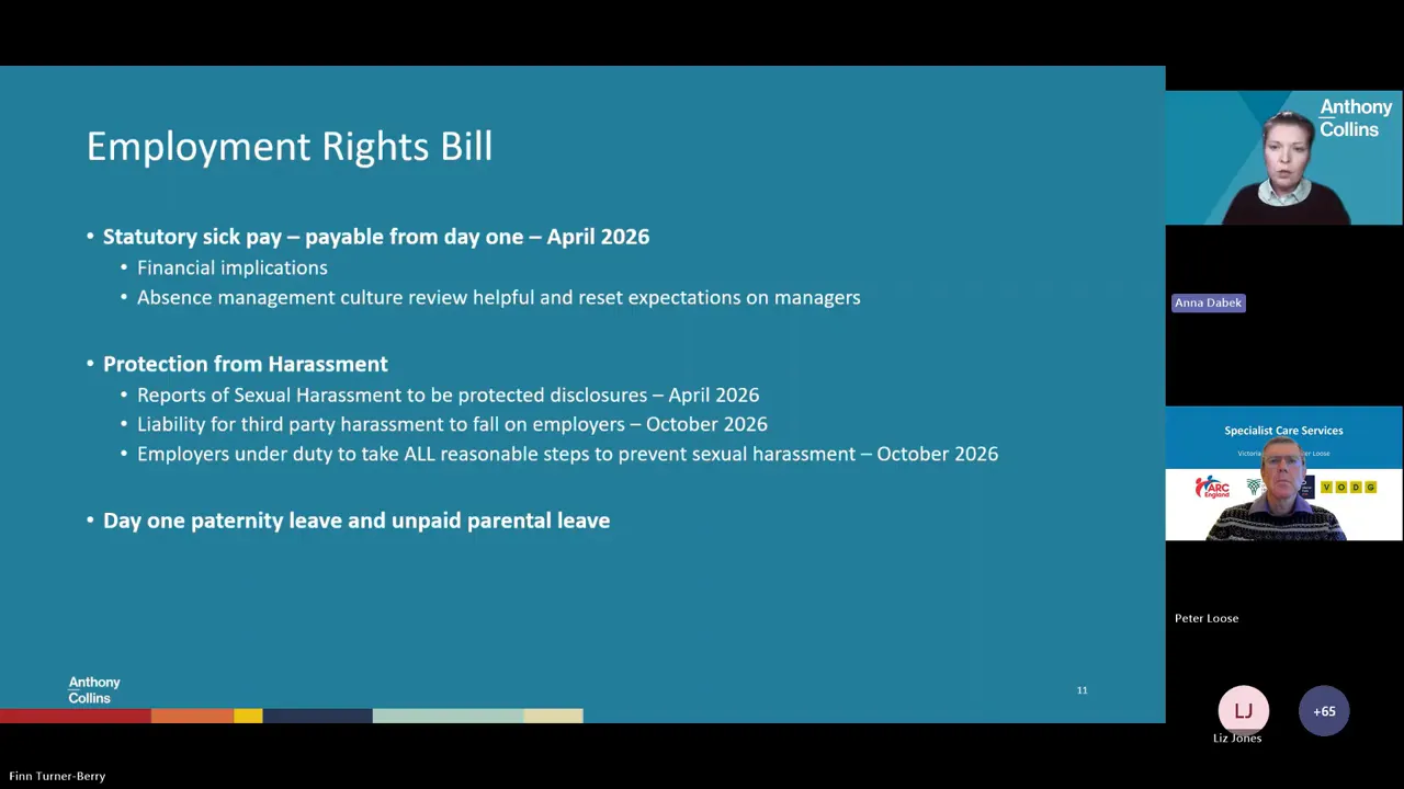 Webinar slide titled 'Employment Rights Bill' listing statutory sick pay from day one, protection from harassment and day-one paternity leave, shown with presenter thumbnails on the right.