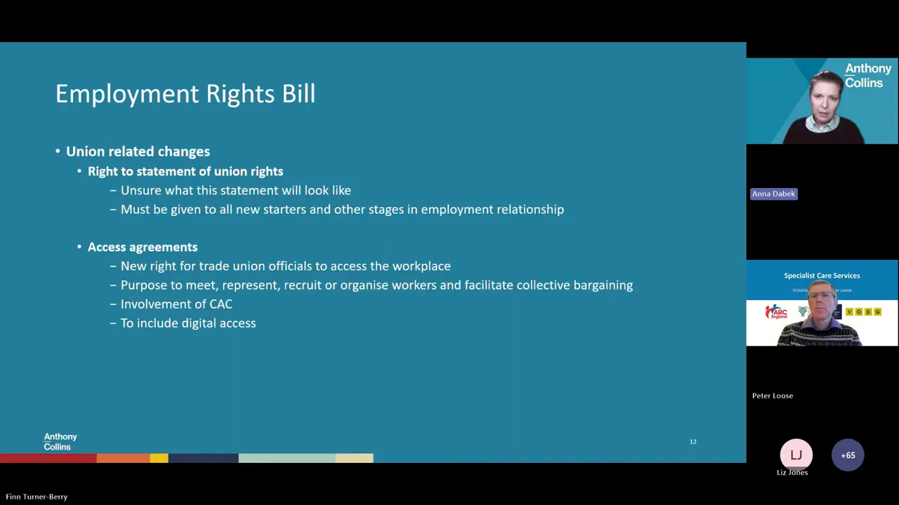 Presentation slide titled 'Employment Rights Bill' showing bullet points on union related changes and access agreements with speaker thumbnails on the right.