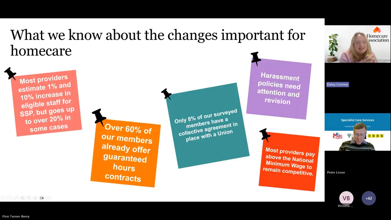 Webinar slide titled 'What we know about the changes important for homecare' showing coloured note boxes about guaranteed hours, SSP increases, low union coverage and harassment policies alongside webinar participant thumbnails.
