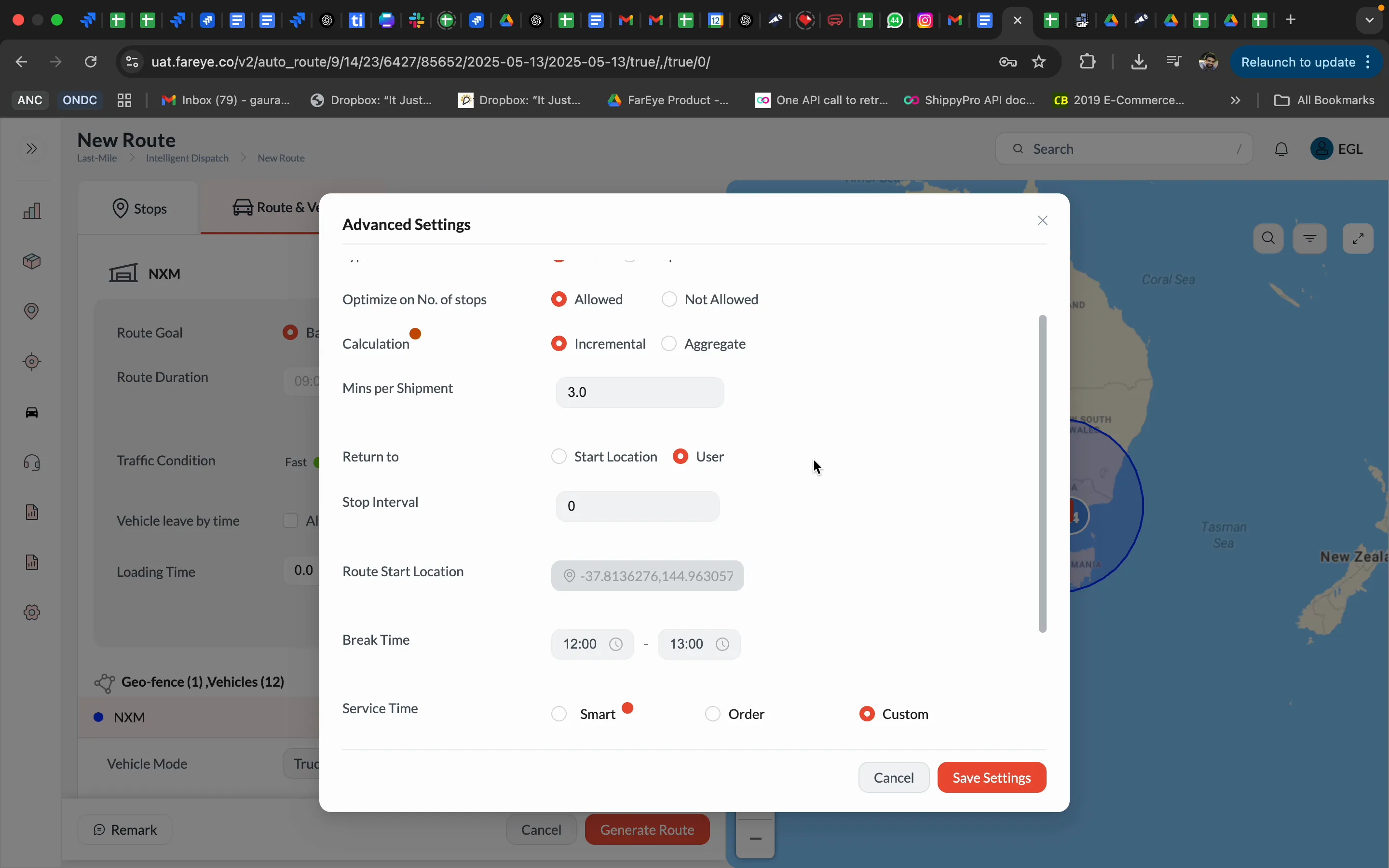 Fareye route settings summary view showing multipart shipment and service time