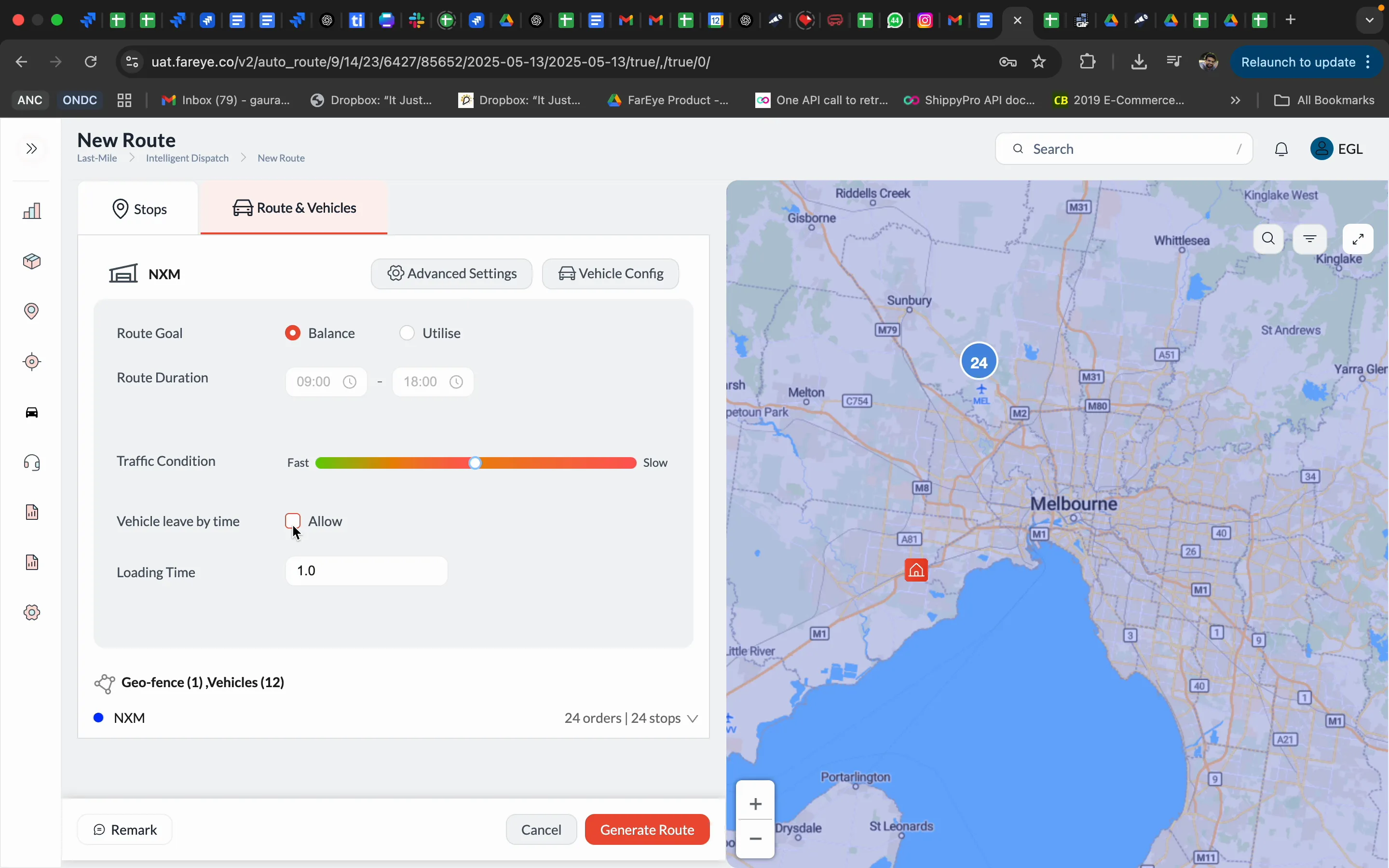 Route planning traffic condition slider showing fast and slow options