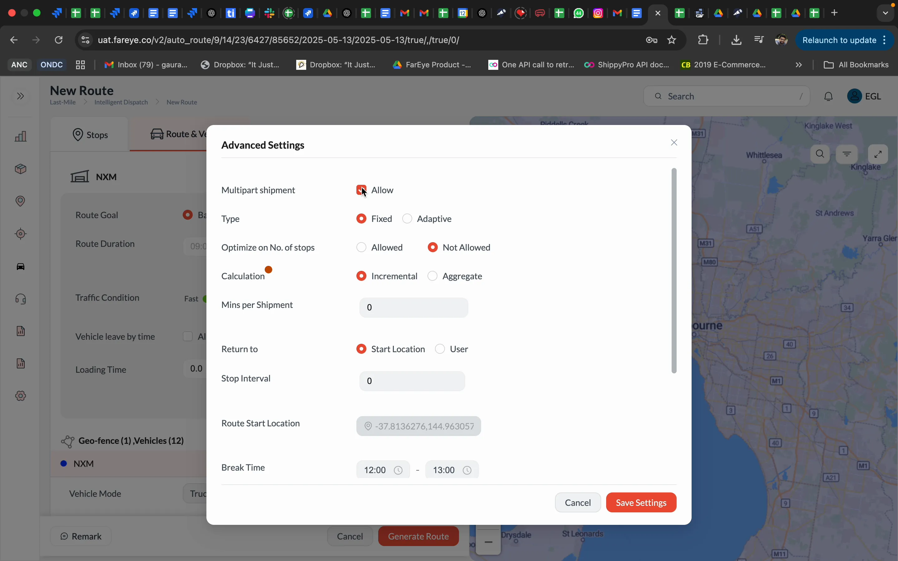Advanced settings interface showing multipart shipment and service time options