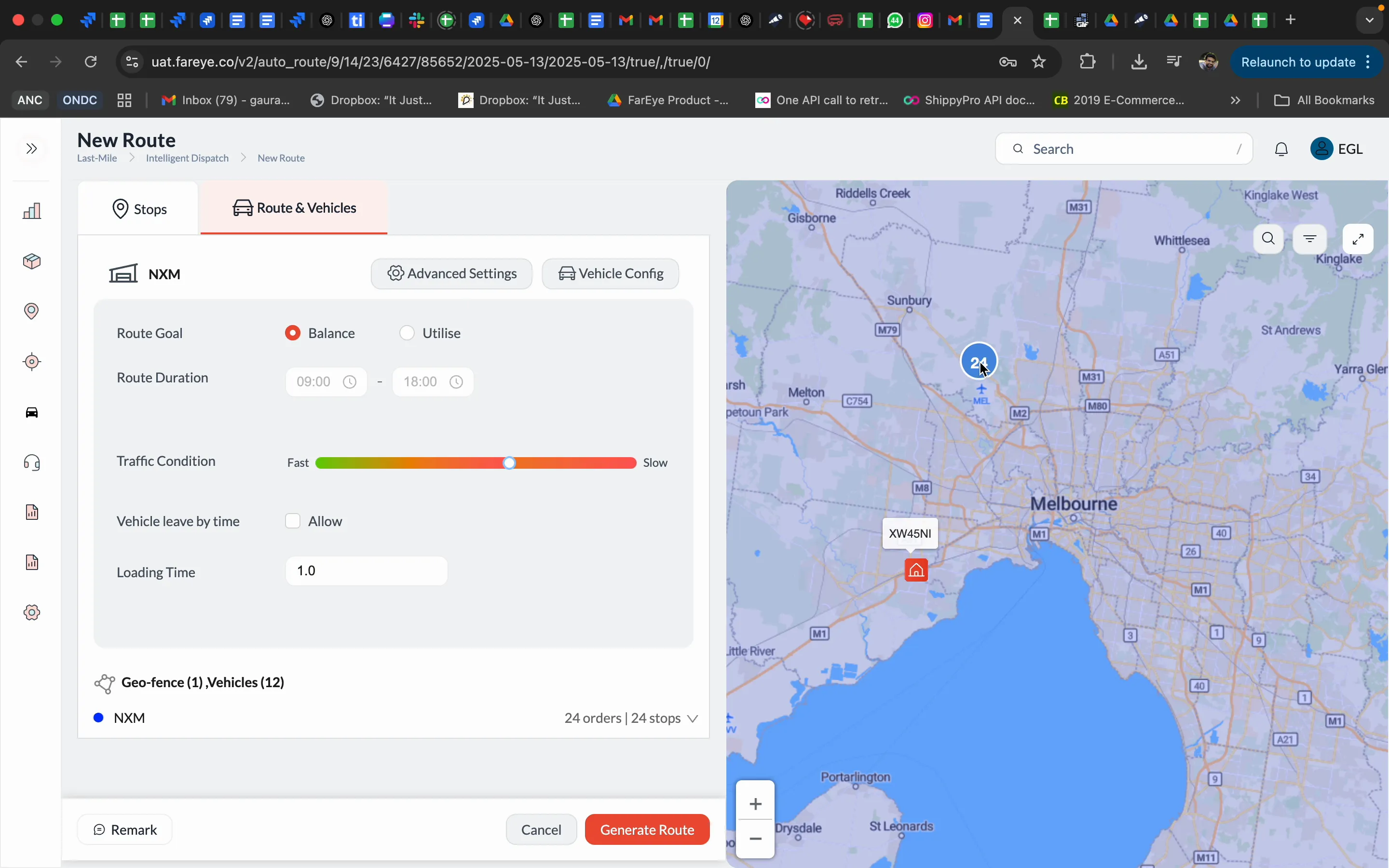 Fareye Route Planning Screen showing NXM Melbourne Hub and consignments