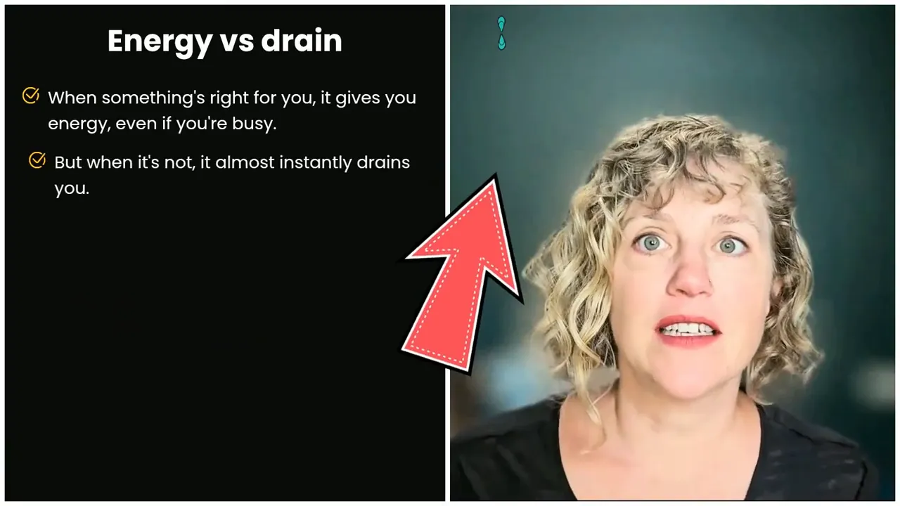 Black slide titled Energy vs drain with bullet points and a red upward arrow beside the speaker