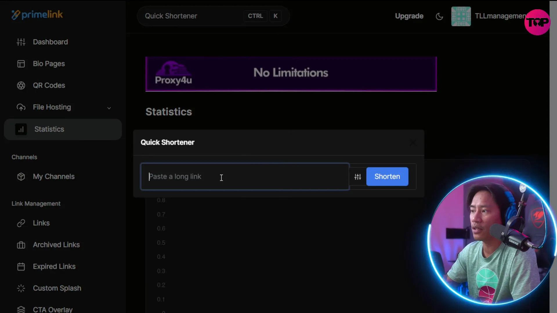 Prime Link dashboard showing quick shortener and analytics