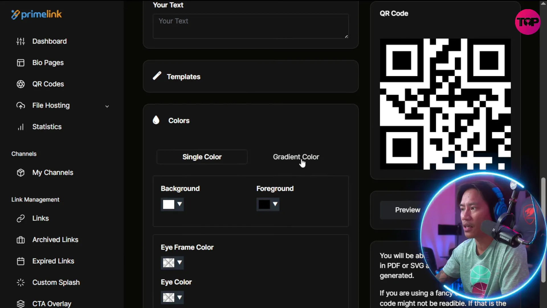 QR code creation screen with customization options
