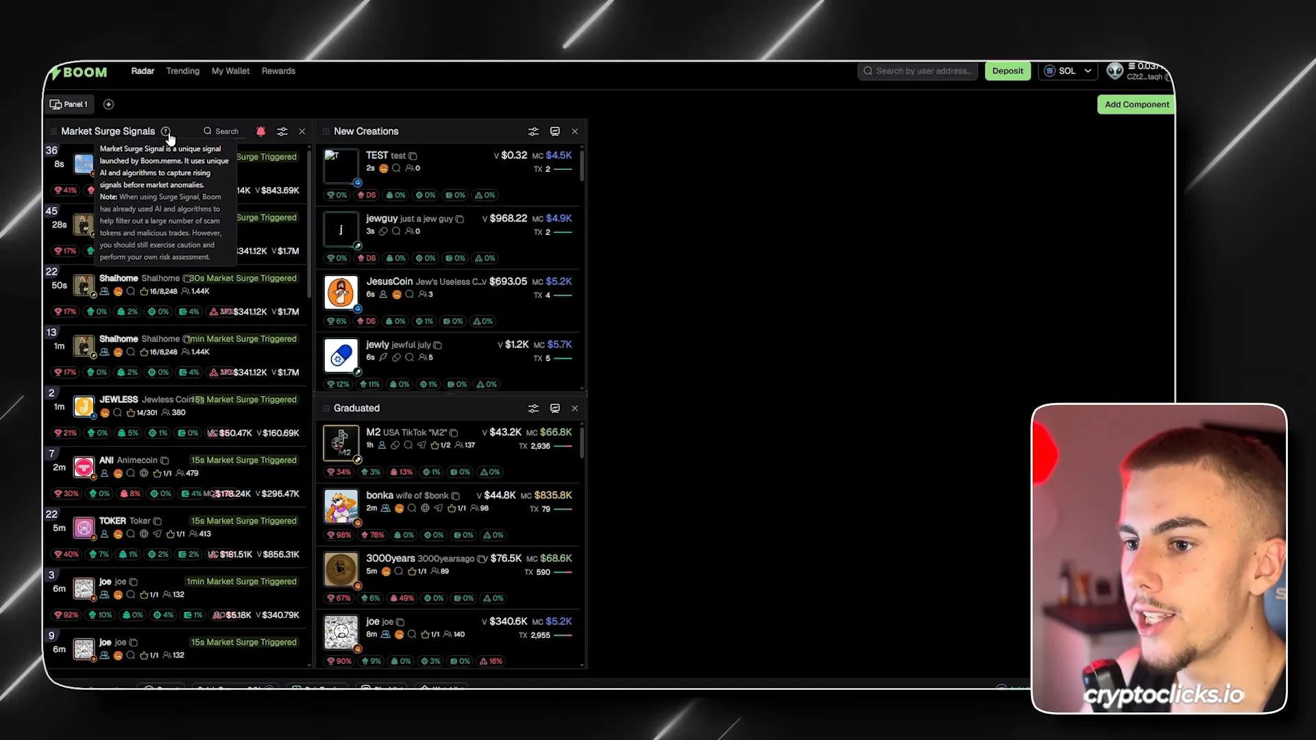 Boom.Meme Market Search Signal interface