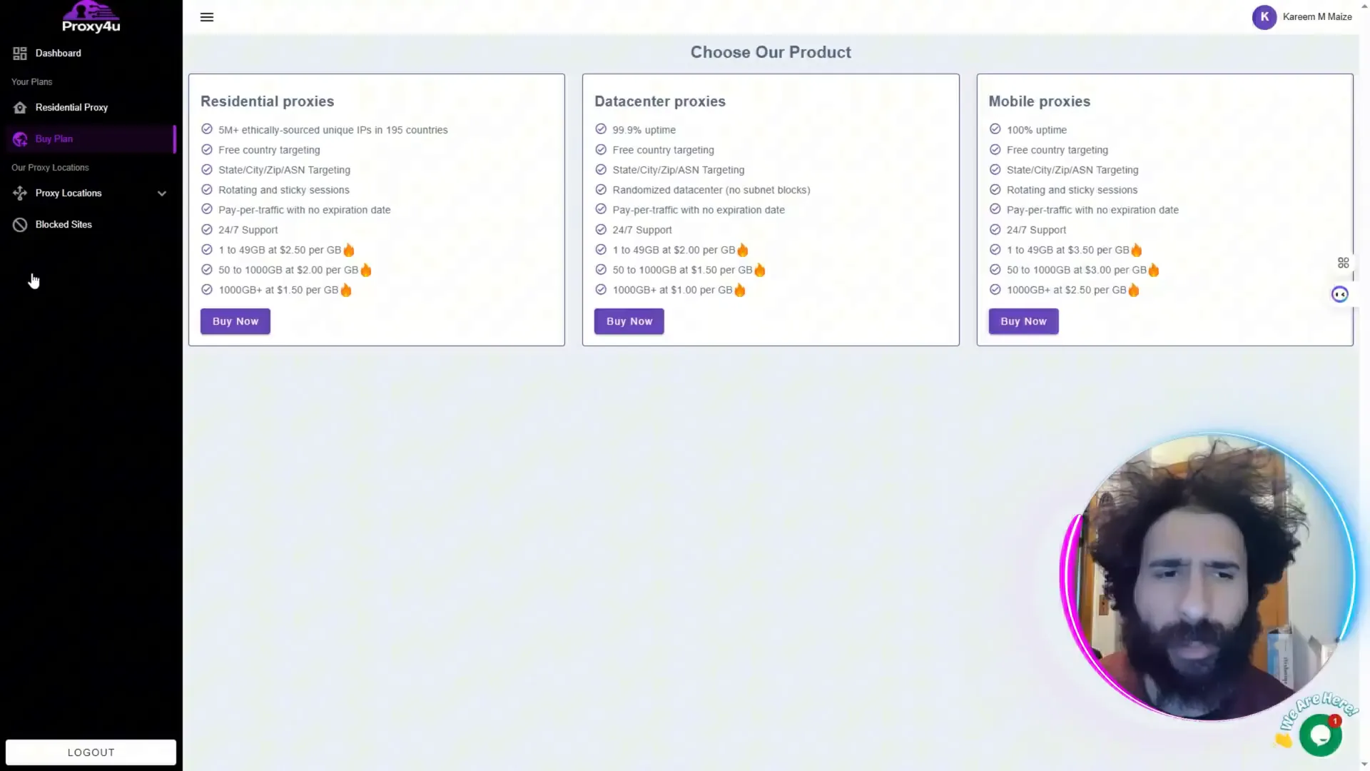 Proxy4U dashboard showing proxy options and country selection