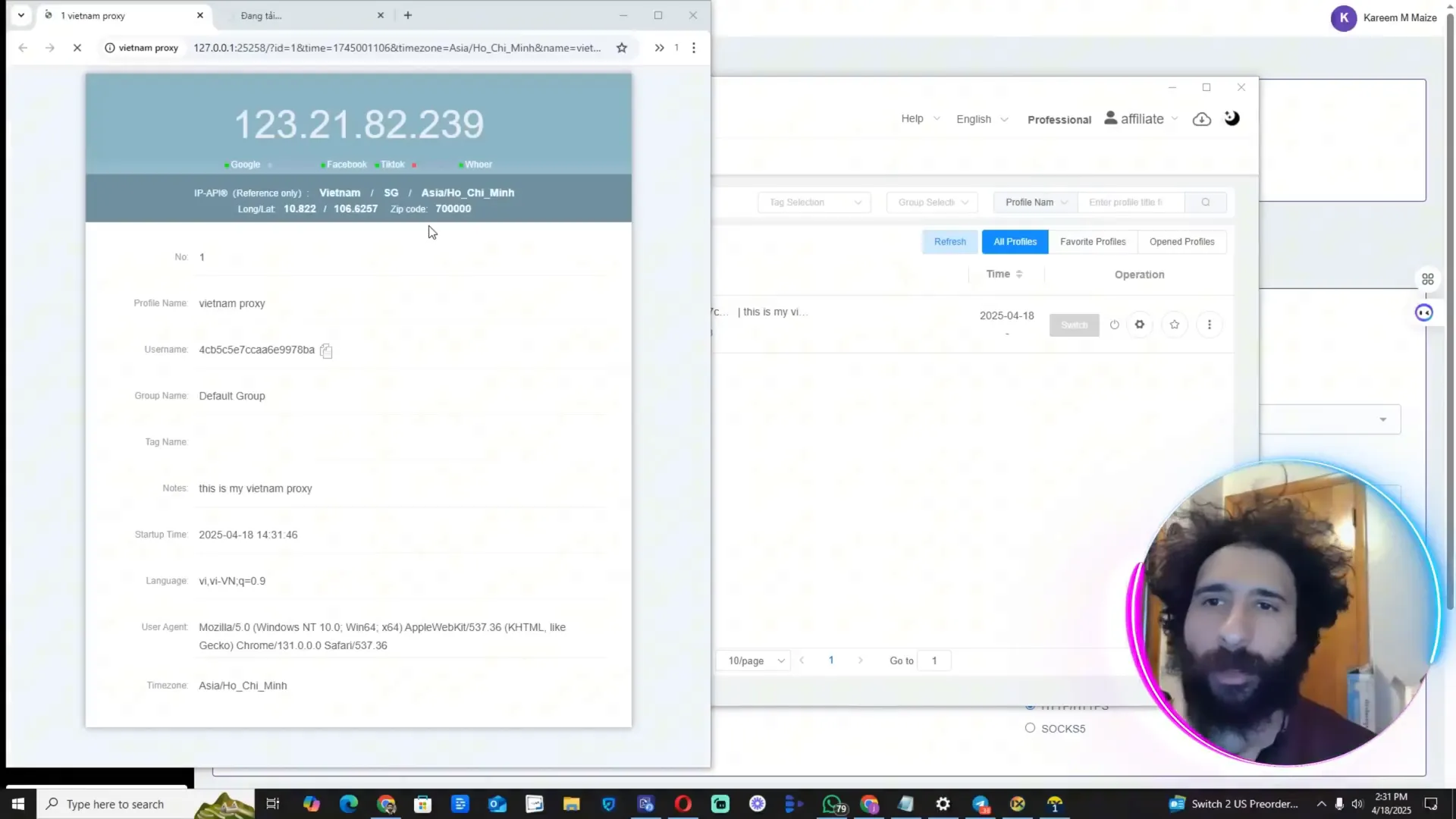 IXBrowser showing active Vietnam proxy and profile information