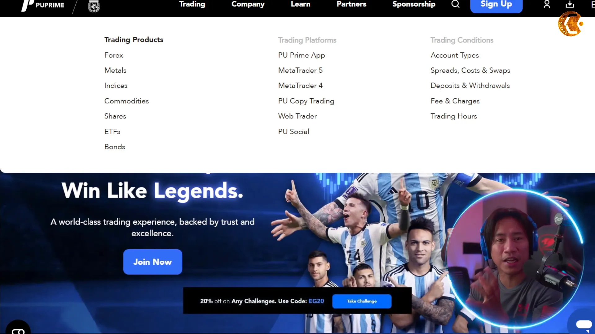 PU Prime landing page showing sign-up button and main navigation