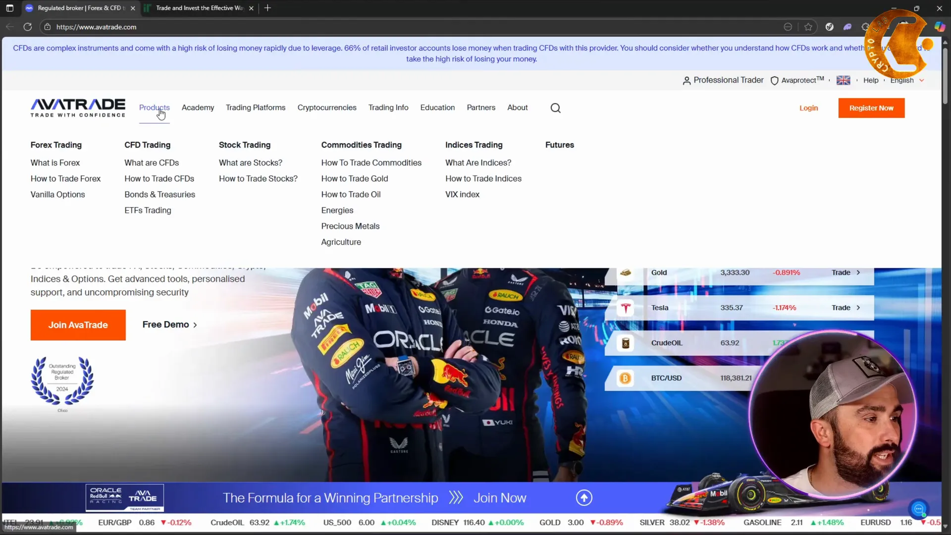 AvaTrade homepage showing product list
