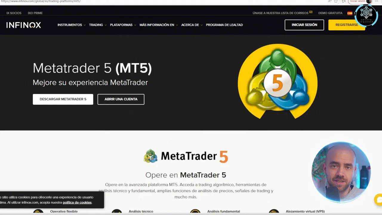 Vista de la sección MetaTrader 5 (MT5) en la web de Infinox destacando la compatibilidad de plataforma y botones de acción.