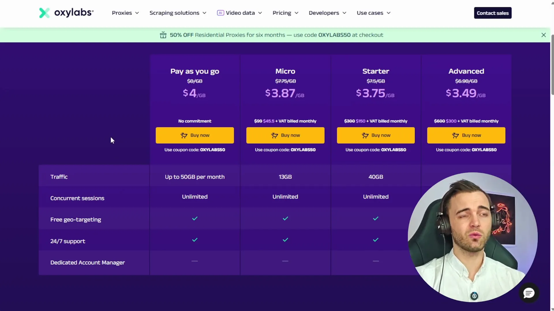 Comparison of Proxy4U and Oxylabs pricing and data limits