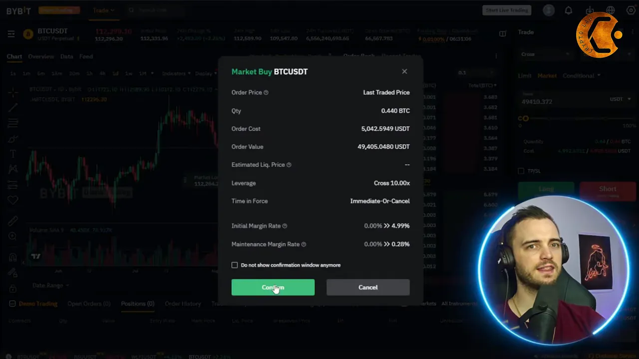 Placing a leveraged long trade on Bybit with order confirmation