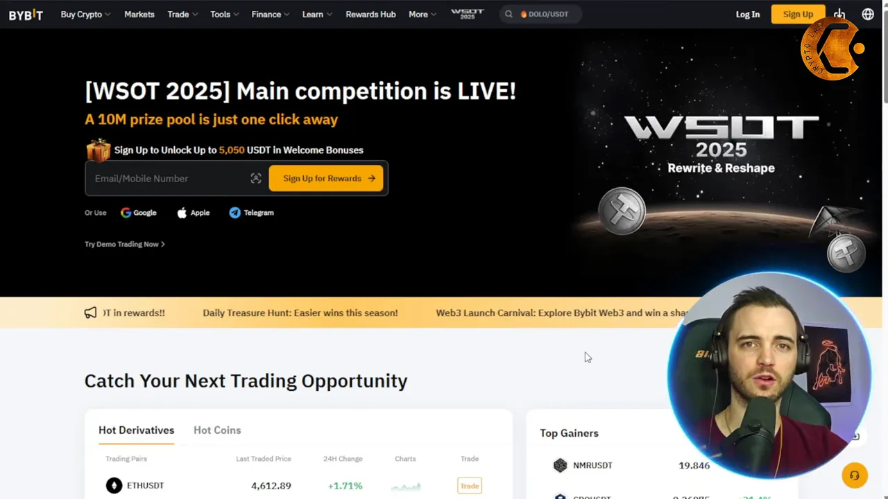Bybit homepage showing markets and tools