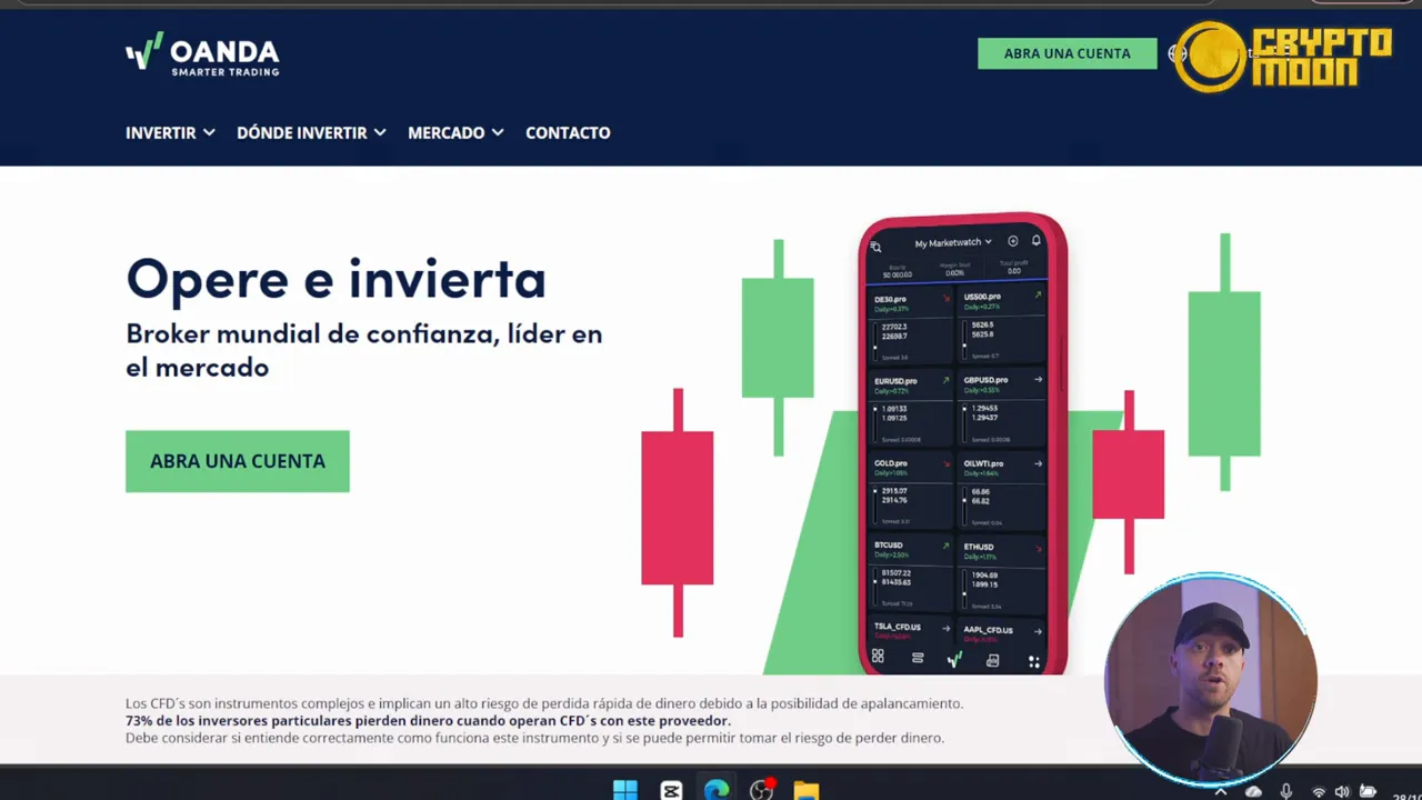 Captura de la página de inicio de Oanda con el texto 'Opere e invierta', gráficos de velas y un botón 'Abra una cuenta', con la ventana del presentador en esquina.