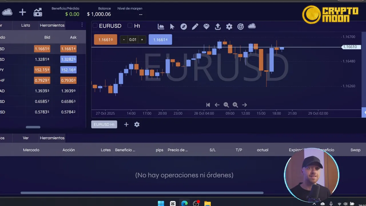 Captura nítida de la plataforma Invidia Trade con gráfico de velas EURUSD, columna de cotizaciones a la izquierda y una pequeña ventana circular del presentador en la esquina inferior derecha.