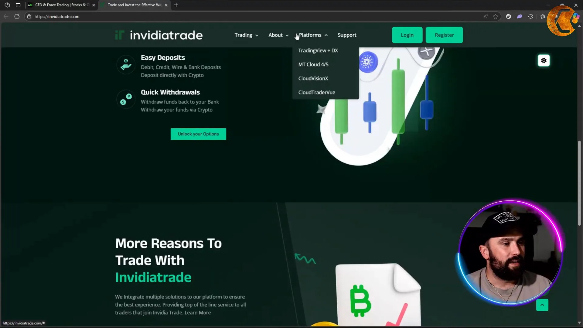InvidiaTrade platform showing multiple trading platforms and market options