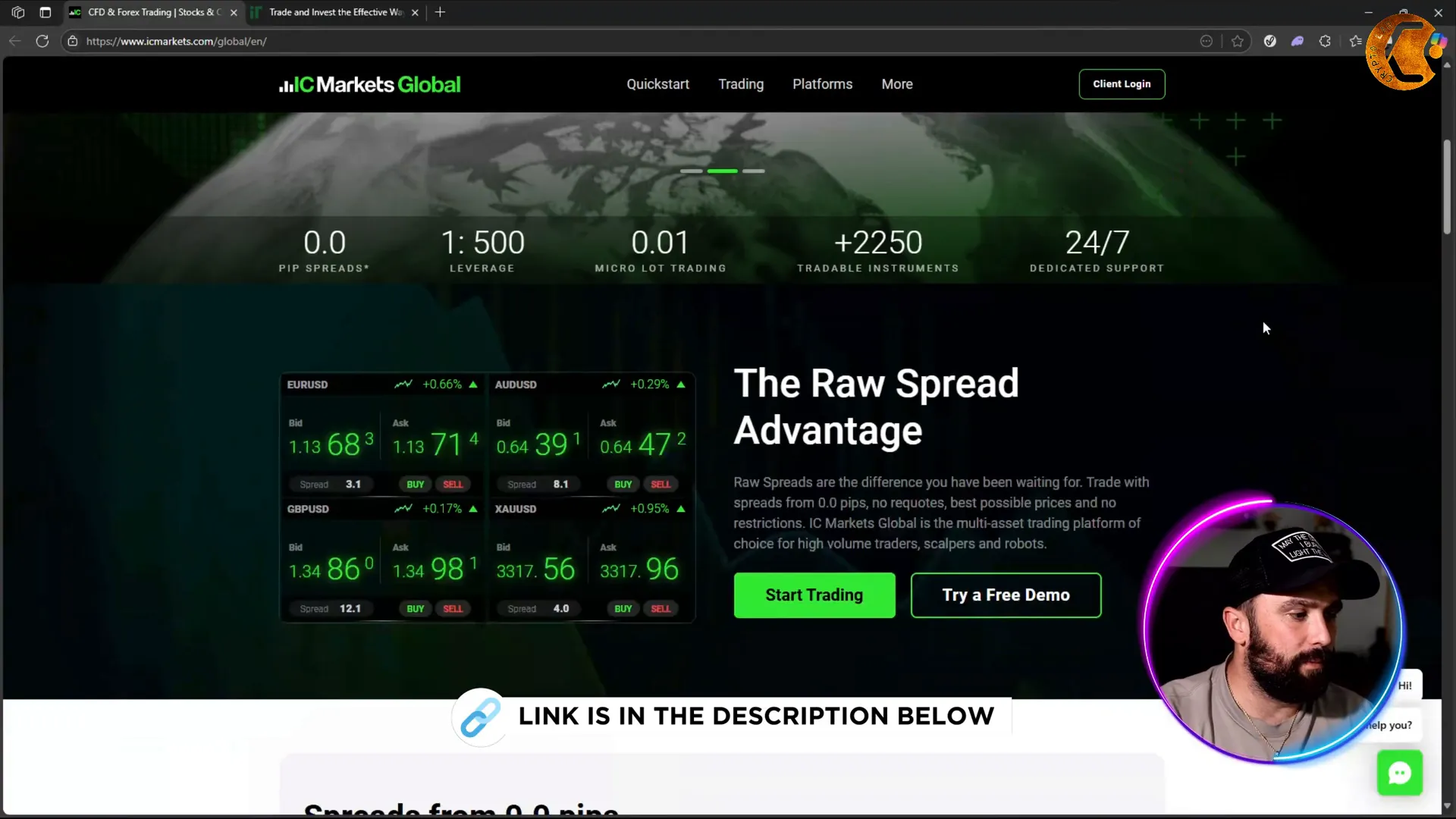 IC Markets platform interface showing demo account and spread details