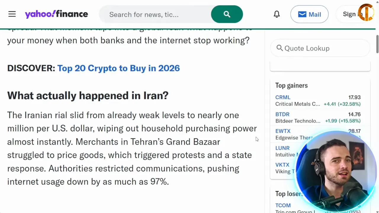 Yahoo Finance article screenshot showing text about the Iranian rial drop and internet restrictions with presenter overlay.