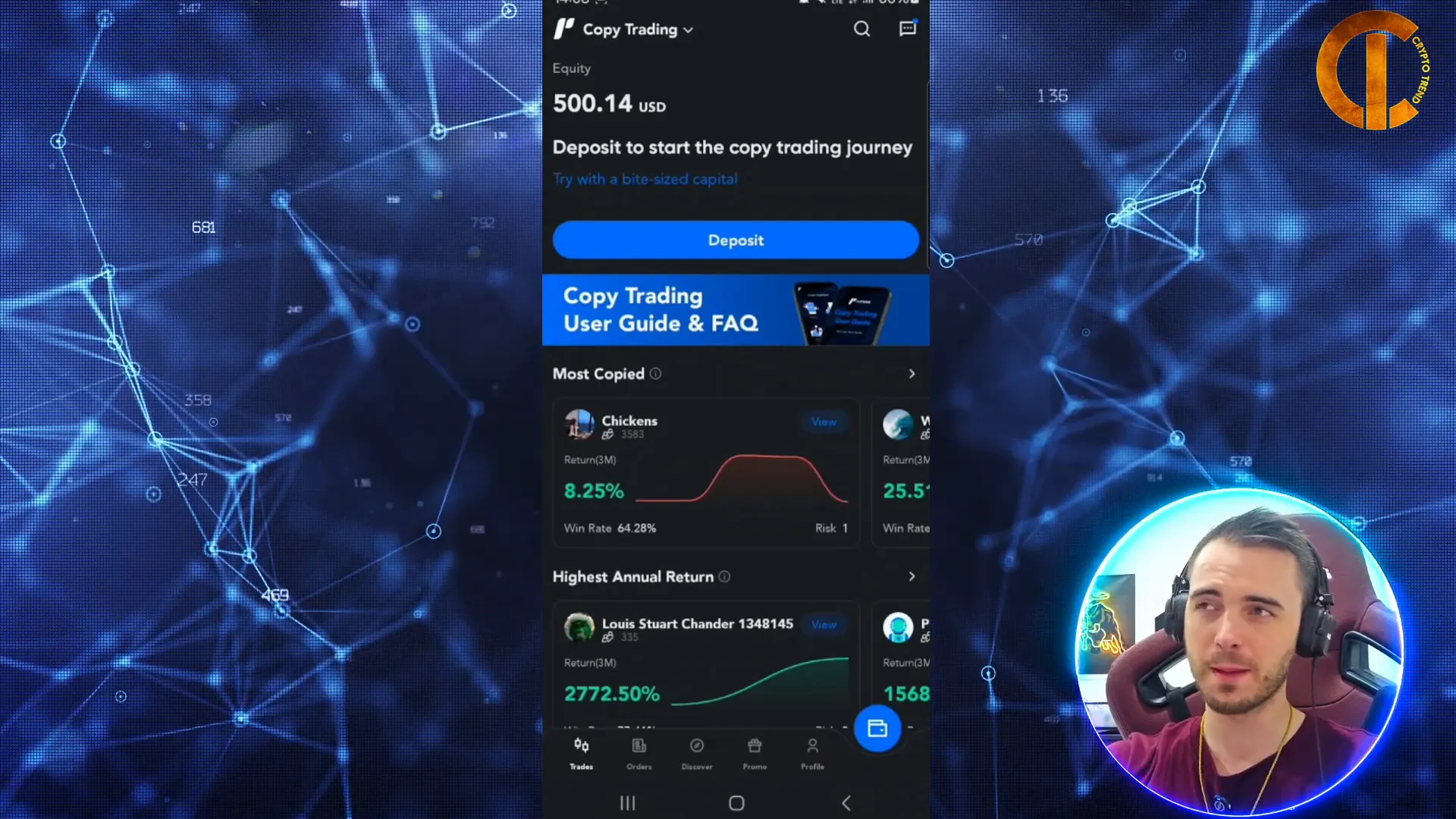 PU Prime app showing copy trading and manual trading options