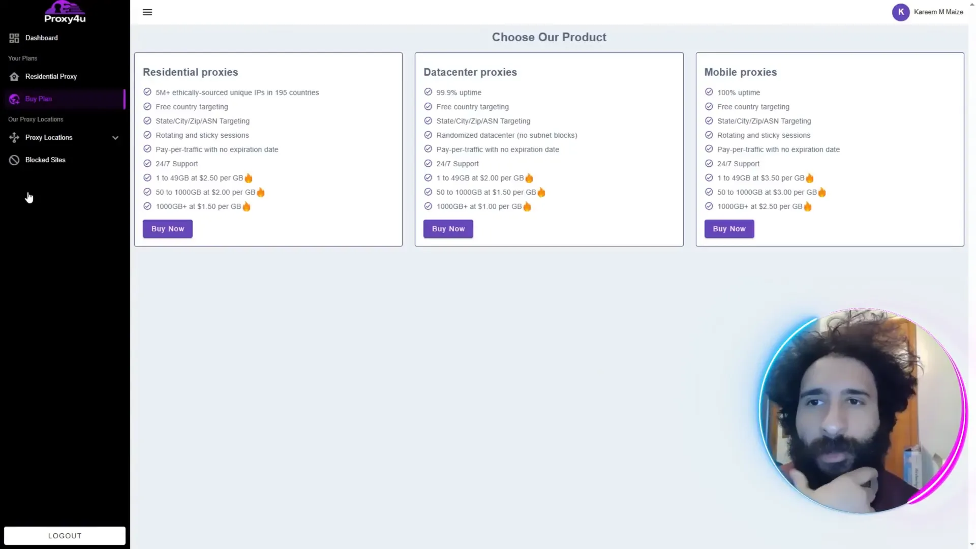 Proxy4U dashboard showing residential proxy options