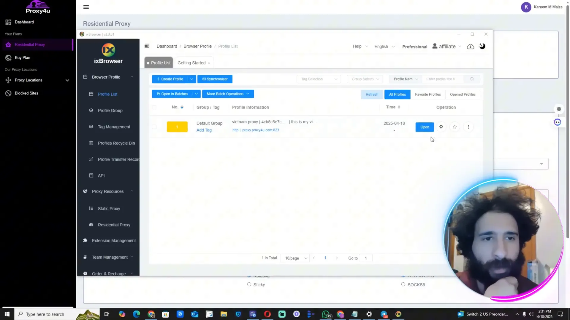 IXBrowser profile creation screen with proxy and fingerprint settings