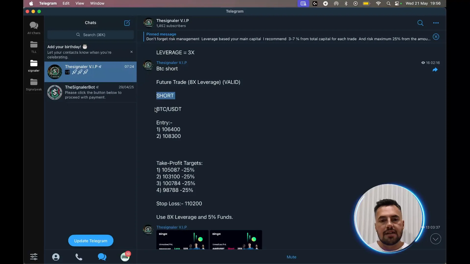 Profits and signals shared in The Signaler VIP Telegram group