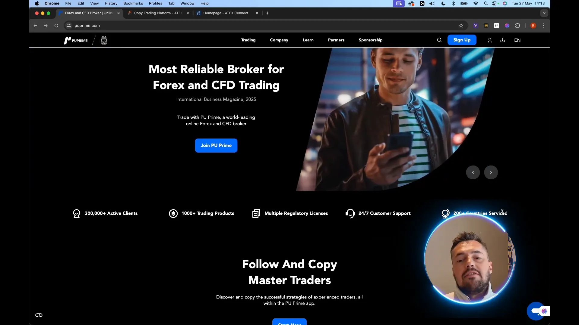 PU Prime website showing global reach and client base