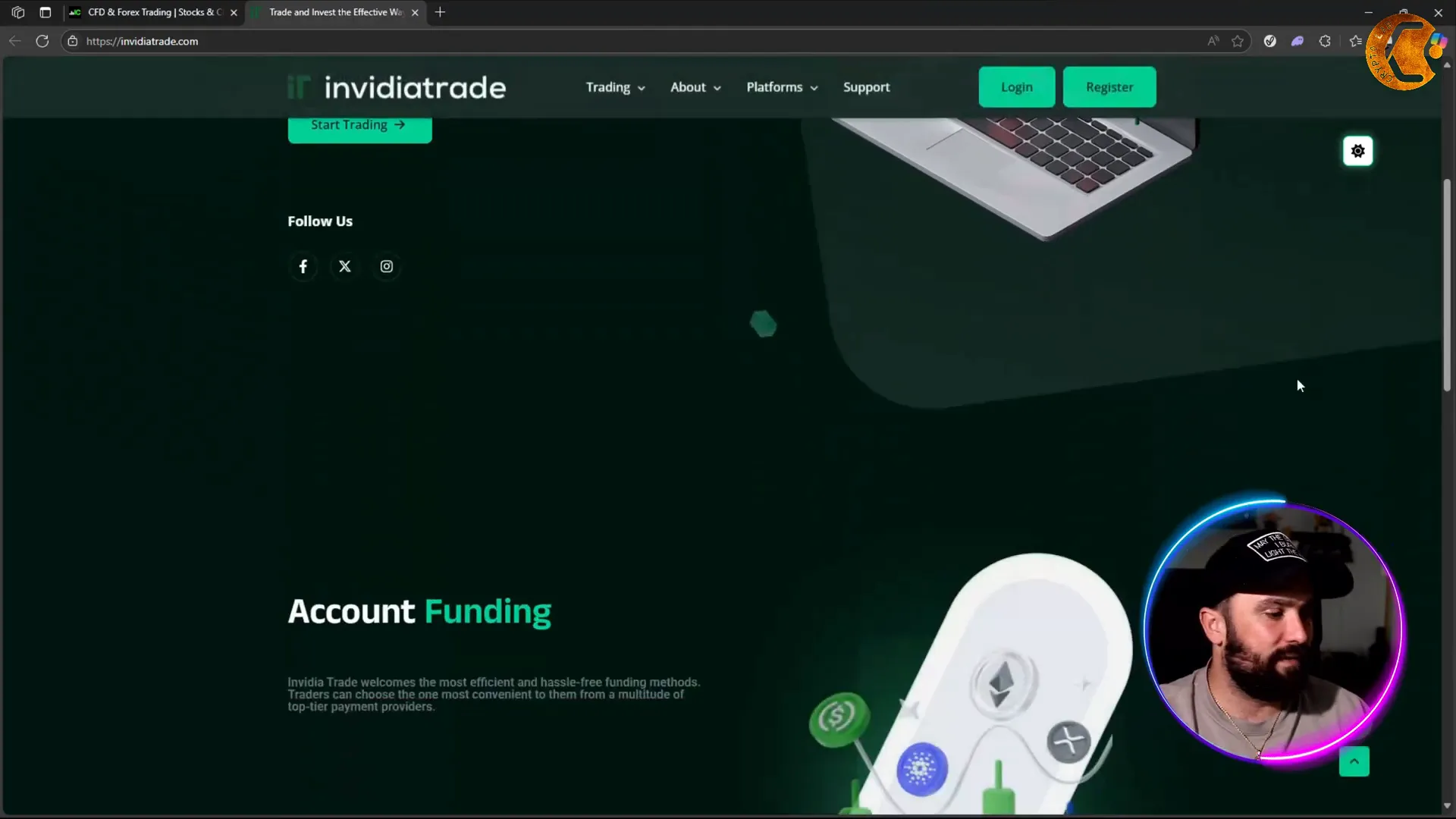 InvidiaTrade platform showing deposit and withdrawal options
