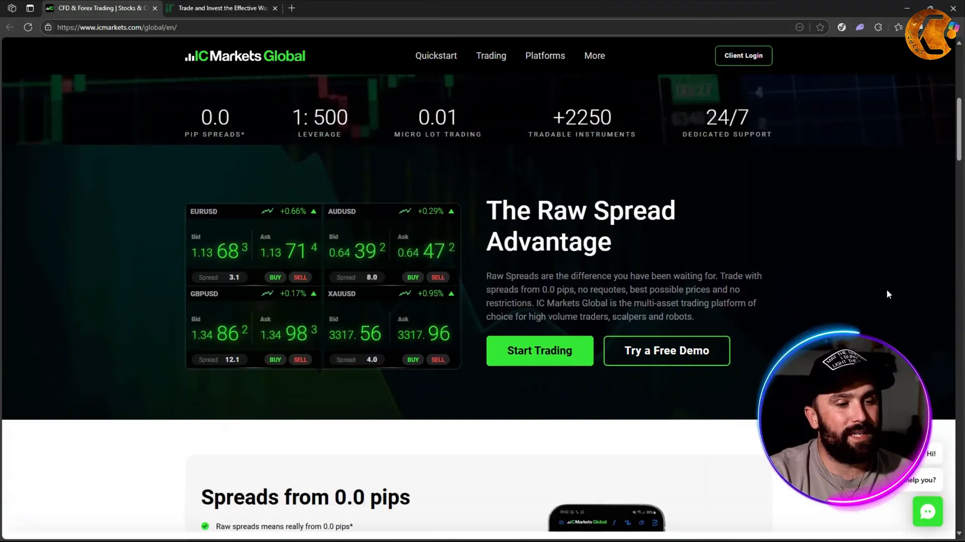 IC Markets platform overview showing spreads and leverage