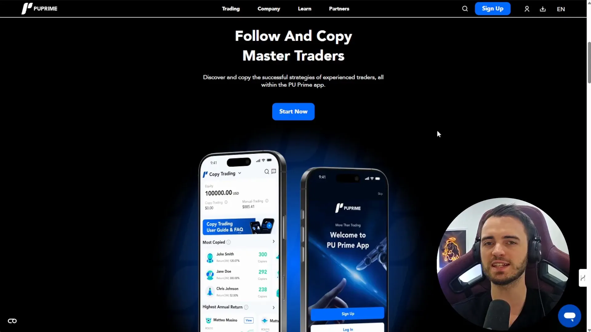 Screenshot showing the copy trading feature in the PU Prime app.