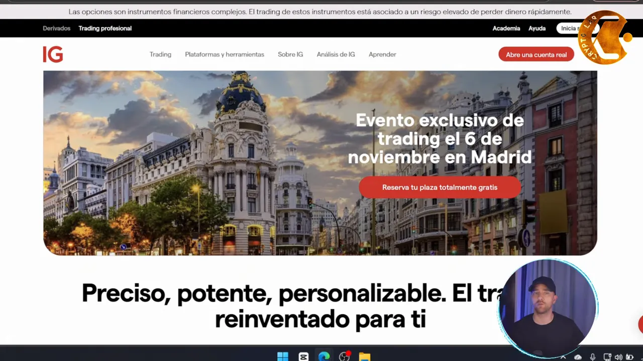 Página de inicio de IG Market con banner del evento en Madrid y logotipo IG visible