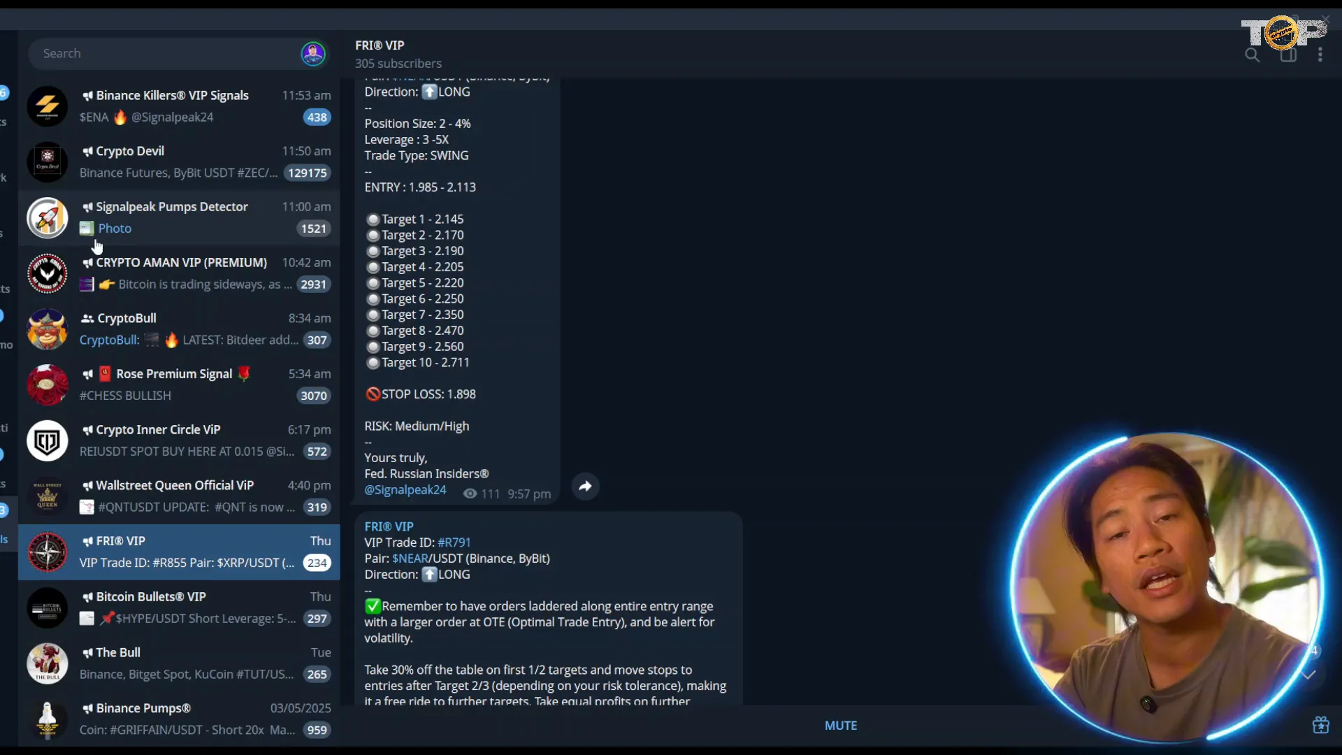 SignalPeak telegram signals overview with multiple channels visible