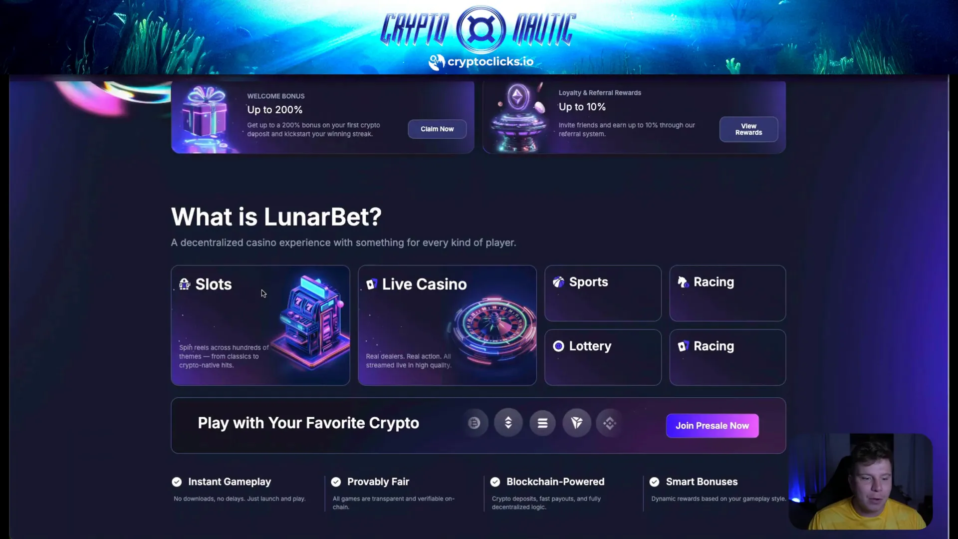 LunarBet platform game selections including slots and live casino