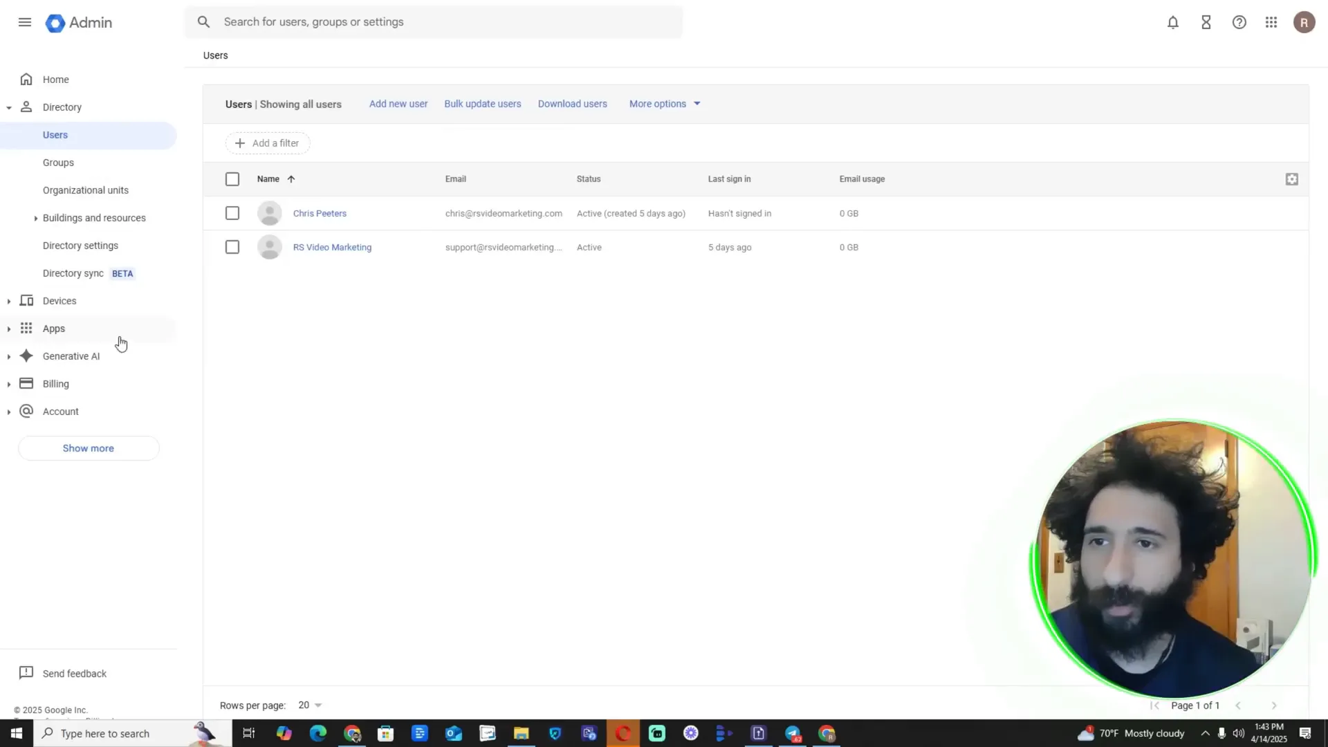 Admin panel showing user management interface