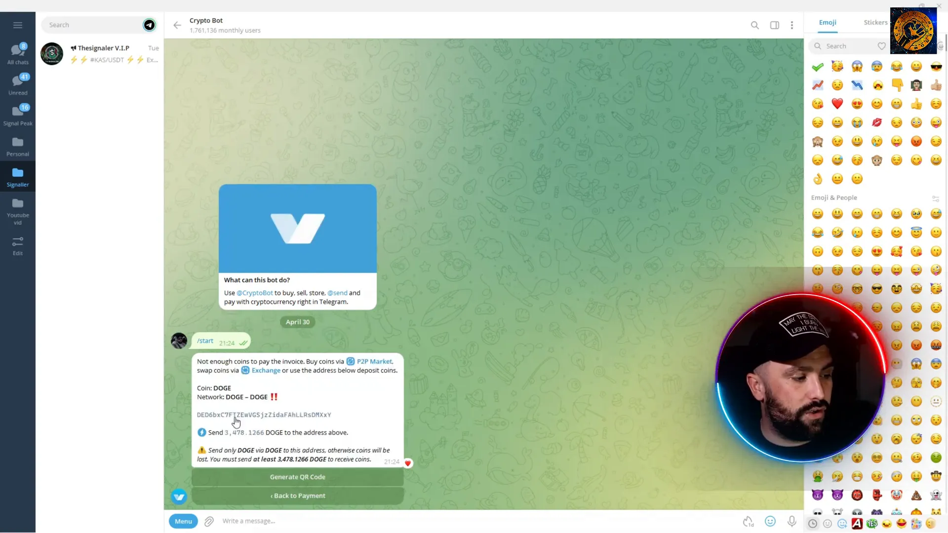Signaler Telegram bot payment interface