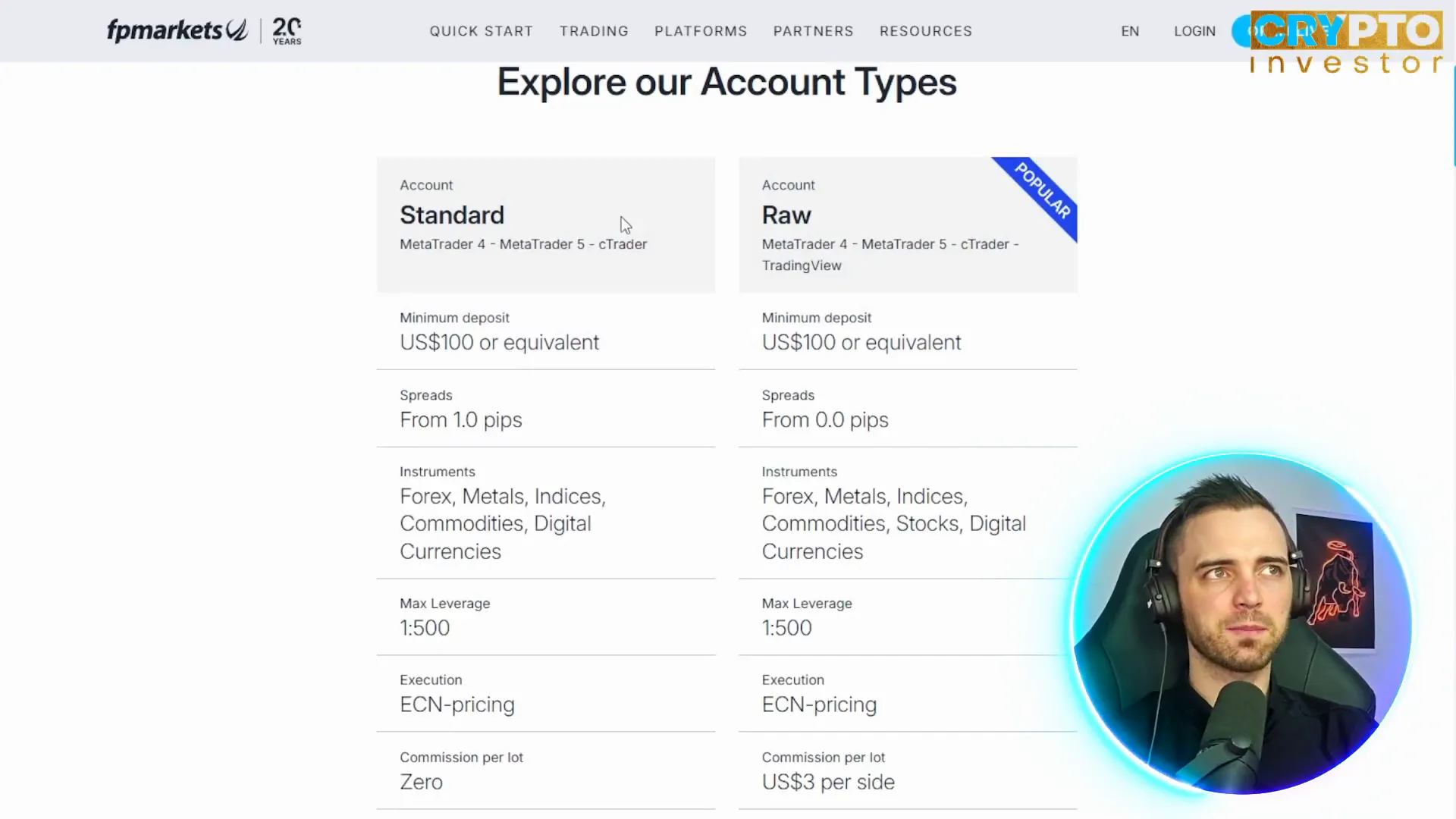 Spreads comparison between InvidiaTrade and FP Markets on standard accounts