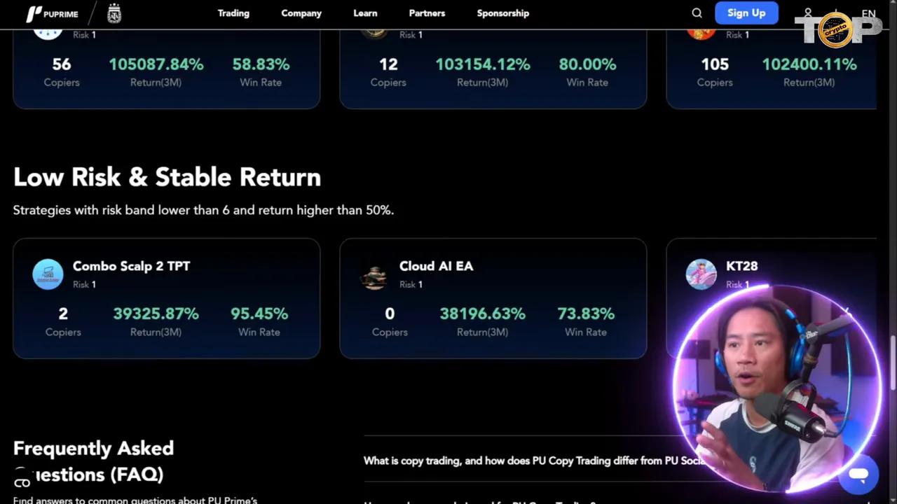 Copy trading leaderboard showing a high-risk 120% gain and a conservative 12% steady return