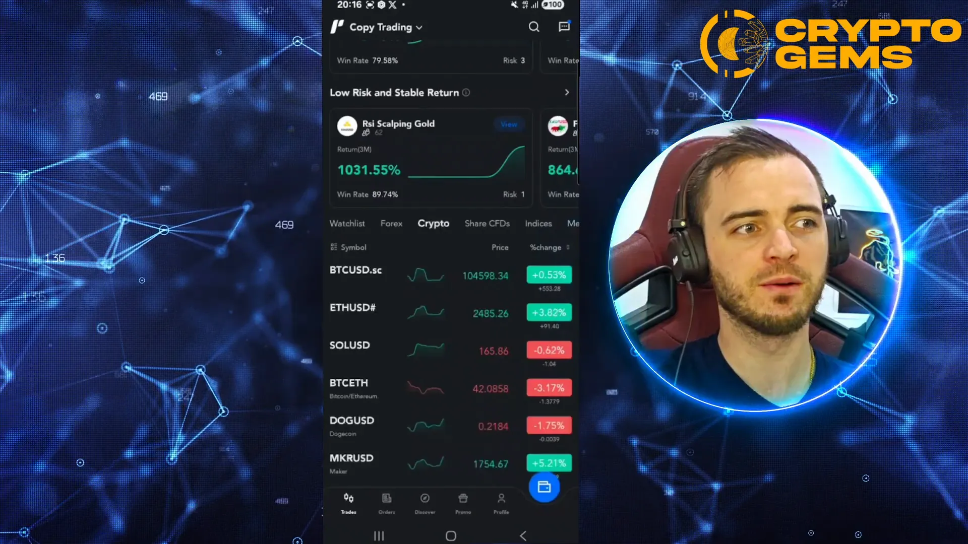 PU Prime app crypto tab showing various crypto assets