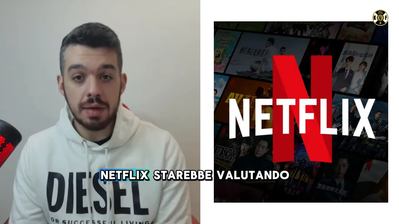 Schermo diviso con il presentatore a sinistra e il logo Netflix grande a destra