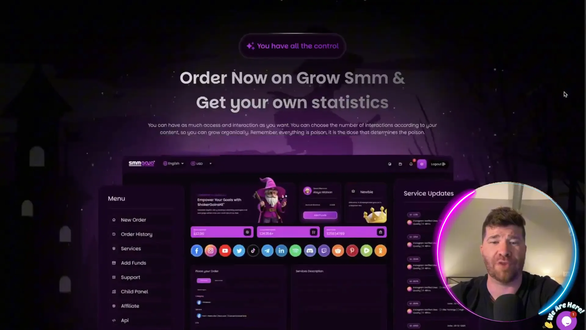 SMMGo service categories including Twitter, Facebook, Instagram
