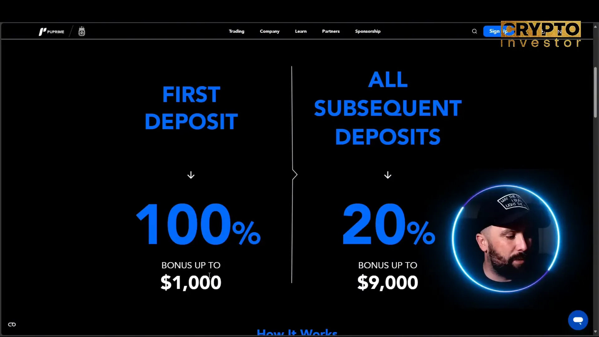 PU Prime 100% Deposit Bonus webpage showing bonus details