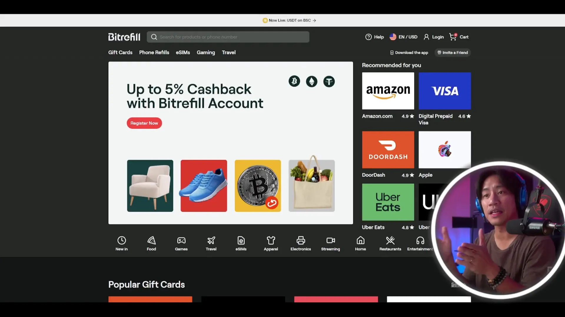 Bitrefill landing page showing crypto gift card options