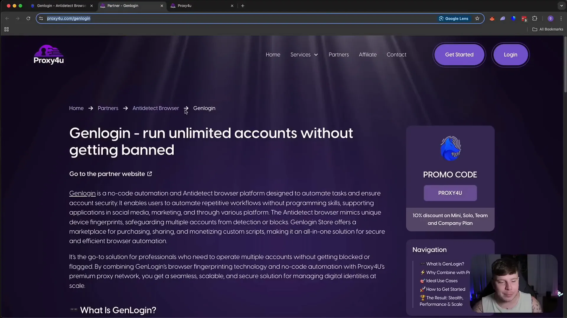 Proxy4u partner page showing collaboration with GenLogin