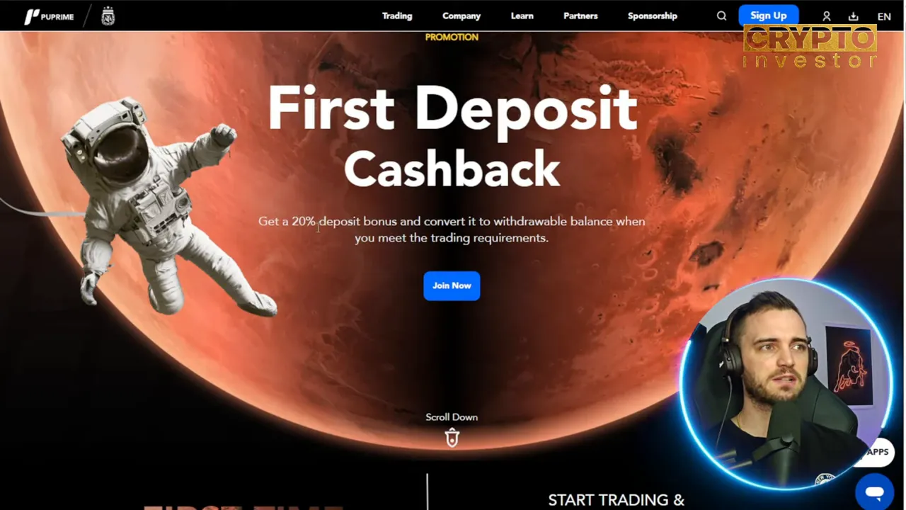 FTD cashback page showing 20% deposit converted to withdrawable balance up to $10,000