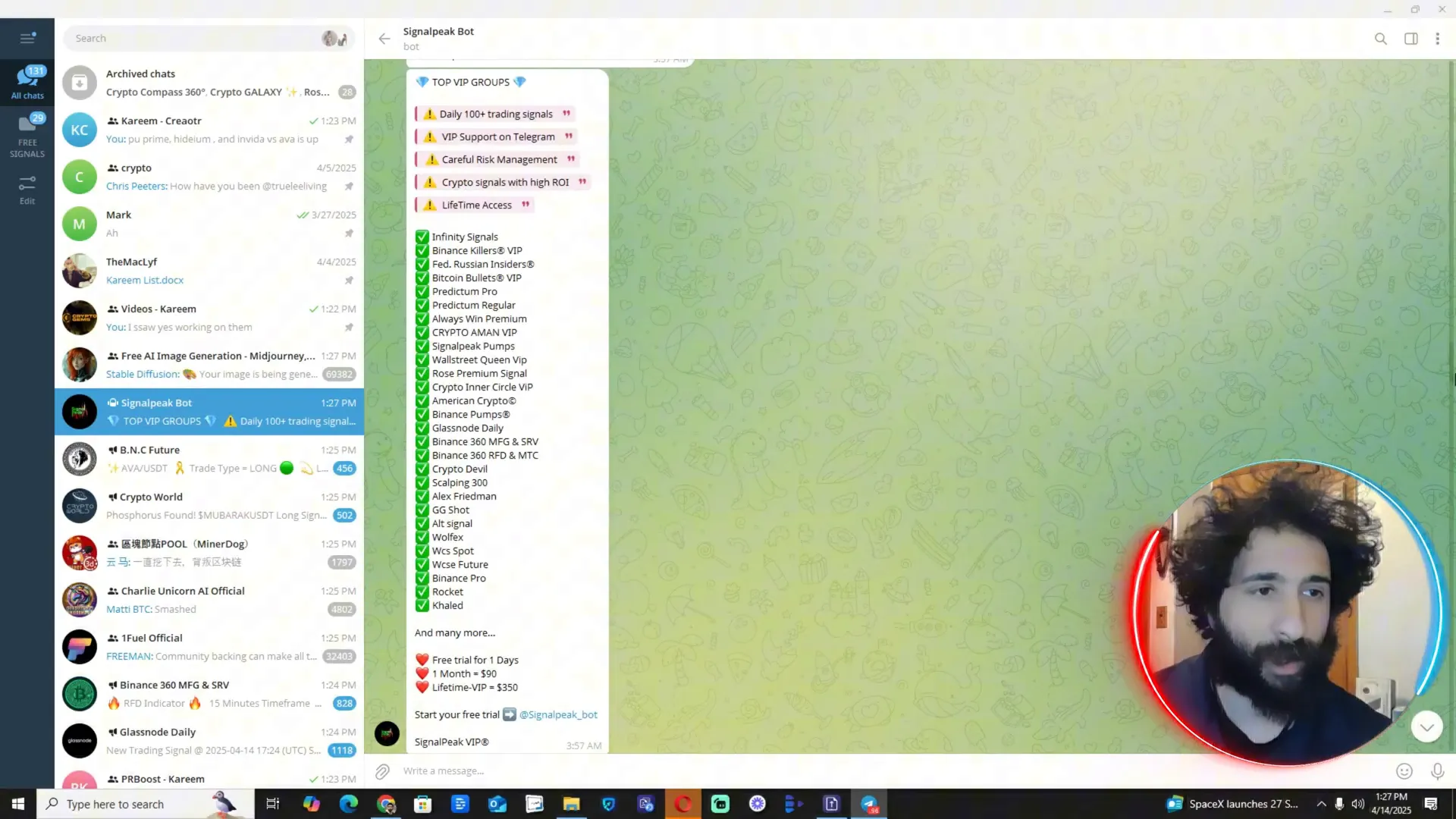 SignalPeak dashboard showing multiple Telegram groups